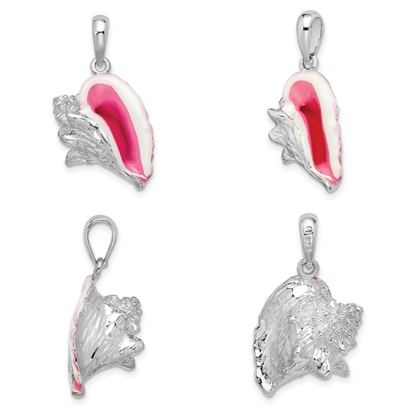 925 Sterling Silver Pink White Enameled Conch Shell Necklace Pendant unisex - Picture 2 of 8